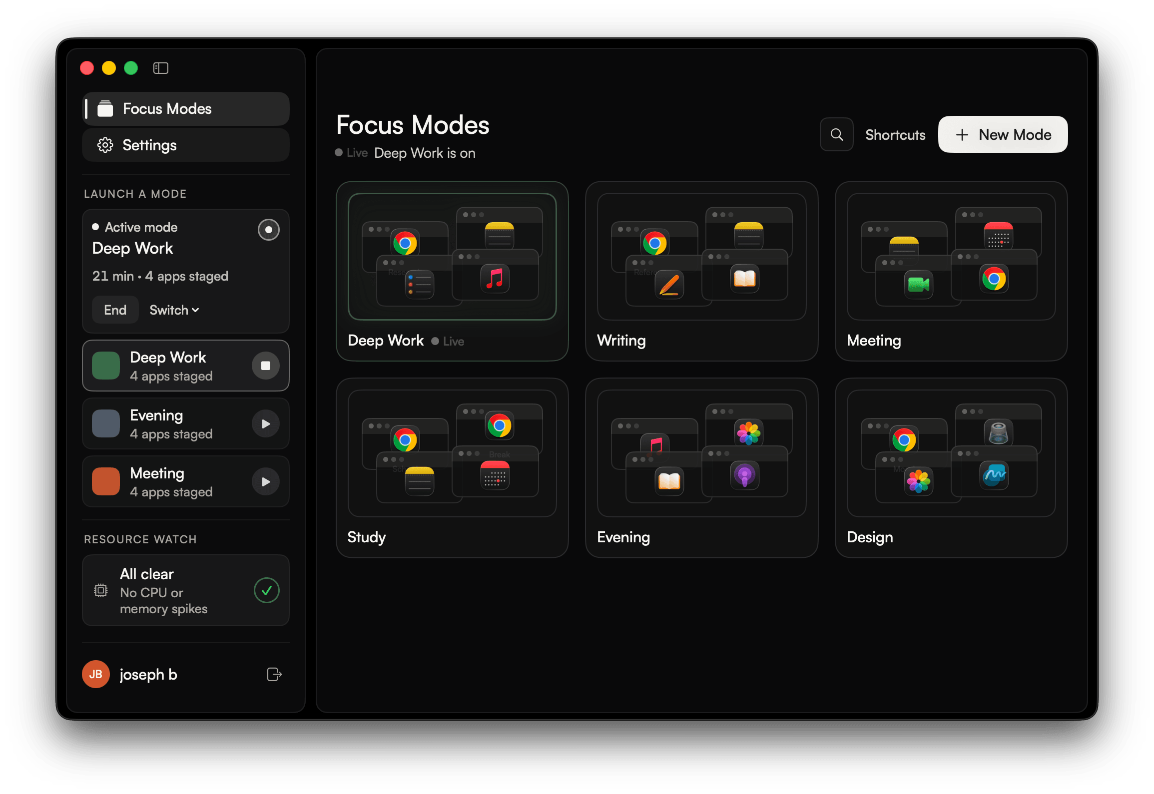 Amhara desktop window with Deep Work live and six named Sessions